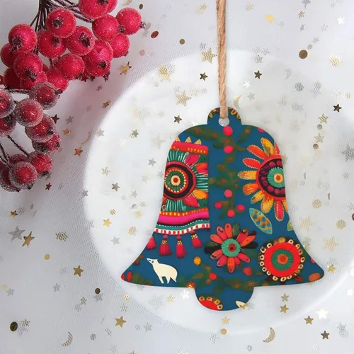 Vista 8 de 6 adornos de madera de Navidad para niños y adultos, decoración colgante de árboles de Navidad, 4 estilos, arte popular mexicano, estampado bohemio