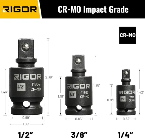 Vista 2 de RIGOR 11601 Juego de adaptadores de enchufe universal de 3 piezas - 1/4", 3/8", 1/2" Drive Enchufes de molibdeno cromado de grado de impacto