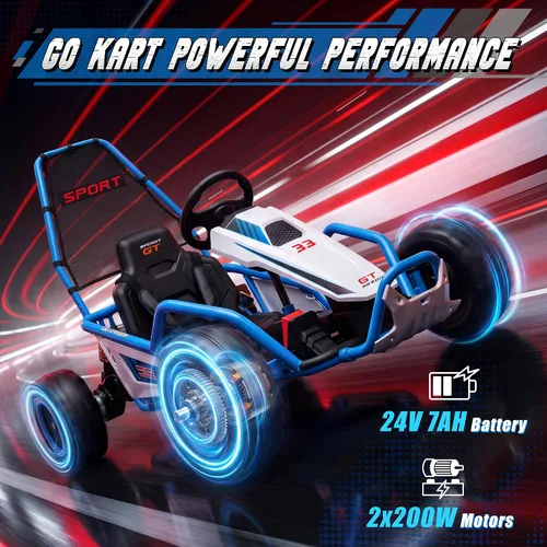 Vista 3 de Go Kart eléctrico de 24 V para niños a partir de 6 años, carrito de deriva Azul