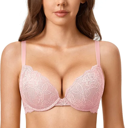 Vista 19 de DOBREVA - Brasier de encaje con efecto push up para mujer, con aros, con inmersión, cobertura completa, sexy, talla grande, con soporte Beige