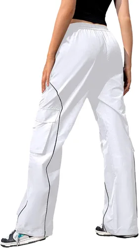 Vista 5 de KMBANGI Pantalones de paracaídas para mujer, holgados Y2k, pantalones deportivos con cintura elástica, rayas laterales, pantalones deportivos