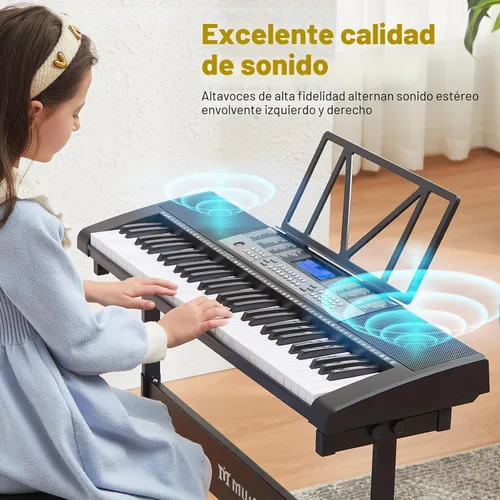 Vista 6 de Teclado de piano de 61 teclas, piano eléctrico con teclas iluminadas, 255 tonos/ritmos, sistema de aprendizaje inteligente, auriculares, micrófono