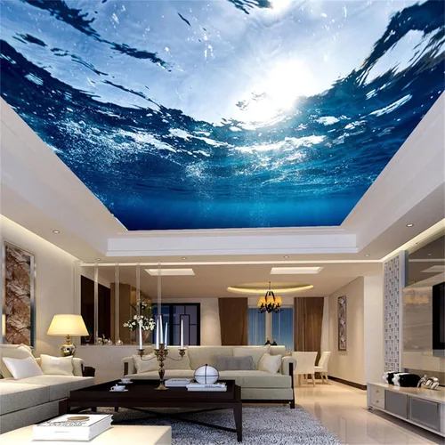 Vista 11 de Murales de pared 3D para techo, cielo azul y nubes blancas, papel tapiz panorámico extraíble, con ondas de nube, adecuado para decoración del hogar