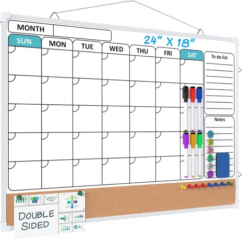Vista 10 de MaxGear Monthly Calendar Whiteboard for Wall, 16"x12" Dry Erase Cork Board