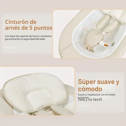 Vista 6 de Columpio eléctrico portátil para bebés con Bluetooth, 5 velocidades, 10 melodías, arnés de 5 puntos, control remoto y panel táctil, columpio Beige