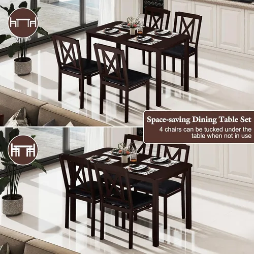 Vista 6 de Giantex Juego de mesa de comedor de 5 piezas para 4, mesa de cocina rectangular de 47 pulgadas y 4 sillas con patas de madera de goma, asiento