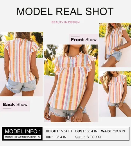 Vista 4 de SHEWIN Camiseta sin mangas de verano para mujer, cuello redondo, casual, con volantes