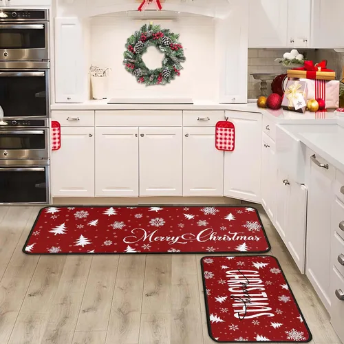 Vista 9 de Juego de 2 alfombras y tapetes de cocina de Navidad, decoraciones navideñas para el hogar, parte trasera antideslizante, tapete de cocina de Copo
