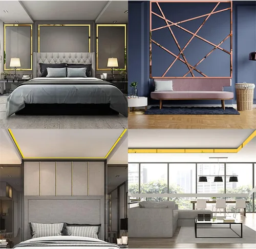 Vista 4 de 10 tiras de azulejos de espejo acrílico, autoadhesivas, calcomanías de pared para sala de estar, fondo de TV, techo, decoración del hogar, oro rosa