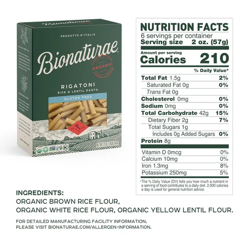 Vista 2 de Bionaturae Rigatoni Pasta de fideos – Pasta Rigatoni sin gluten orgánica, pasta de arroz y lentejas, kosher, alta en proteínas, sin OMG, pasta