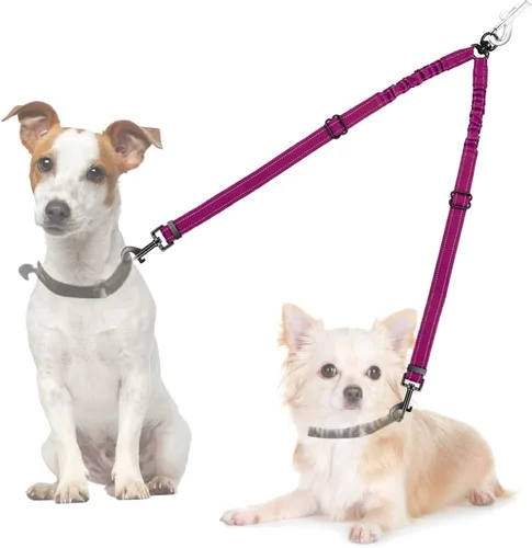 Vista 18 de Correa doble para perros, sin enredos, rotación giratoria de 360°, reflectante, con extensión de bungee, divisor para dos perros, cómoda