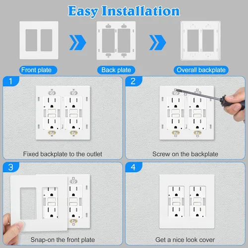 Vista 6 de Placa de pared sin tornillos de 2 segmentos, cubiertas de enchufe doble para enchufes eléctricos, interruptor de luz, placas de cara de tornillo