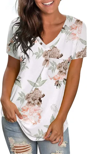 Vista 4 de WEESO - Camisetas de manga corta con cuello en V para mujer con dobladillo de cola caída ajuste relajado
