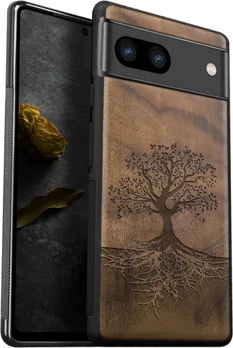 Vista 11 de Carveit Funda de madera para Pixel 7a [madera natural y TPU suave negro] a prueba de golpes, funda protectora de madera única y elegante compatible