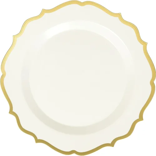 Vista 2 de Blue Sky Contemporary Collection - Platos de plástico blancos con borde dorado, vajilla desechable de 7.5 pulgadas (10 unidades) para eventos