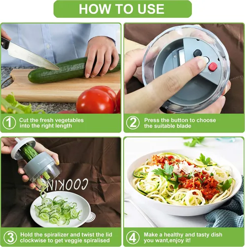 Vista 5 de Cortador de verduras espiralizador de mano, 4 en 1, espiralizador de verduras de alta resistencia, máquina de espaguetis de calabacín, cortador