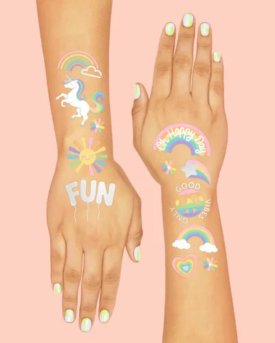 Vista 4 de xo, Fetti - Tatuajes temporales de arcoíris pastel - 46 estilos de lámina plateada Suministros para fiesta de cumpleaños de unicornio, baby