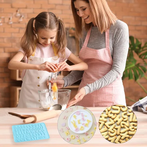 Vista 5 de 2 moldes de chocolate con números y moldes de silicona de letras, con 2 cuentagotas, decoraciones de letras para tartas, moldes de silicona