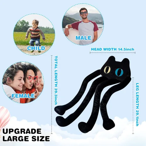 Vista 6 de vitegaw Almohada larga de felpa con diseño de gato negro de 39 pulgadas, lindos animales de peluche Kawaii suaves, juguetes de peluche grandes