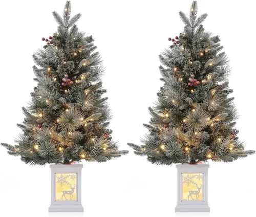 Vista 17 de Árbol de Navidad de 3 pies con base de reno, árbol de Navidad artificial esmerilado con 78 luces LED, caja de batería de 8 modos, decoraciones