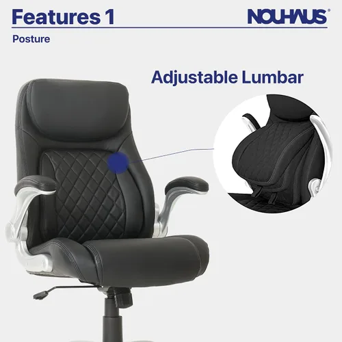 Vista 7 de Nouhaus +Posture Silla ergonómica de oficina de cuero PU. Soporte lumbar Click5 con apoyabrazos FlipAdjust. Silla ejecutiva moderna y silla de Negro
