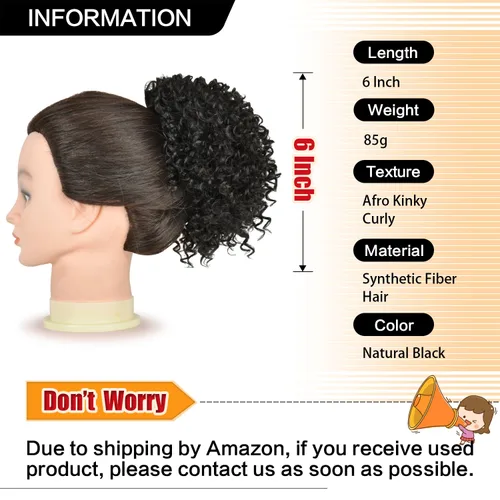 Vista 2 de PEACOCO Cola de caballo afro rizada con cordón para mujeres negras, extensiones de cola de caballo afro de 6 pulgadas, cabello sintético con 2 1b