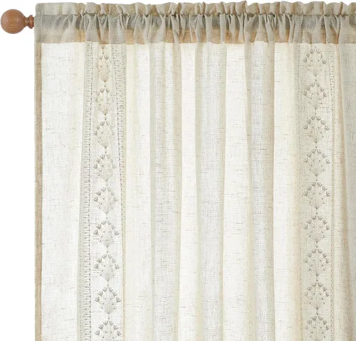 Vista 5 de Cortinas modernas de lino de 96 pulgadas de largo, 2 paneles de cortinas semitransparentes bordadas para sala de estar, cortinas filtrantes de luz