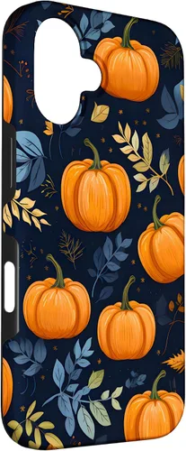 Vista 3 de iPhone 16 Calabazas y Hojas de Otoño Patrón Fondo Oscuro Caso
