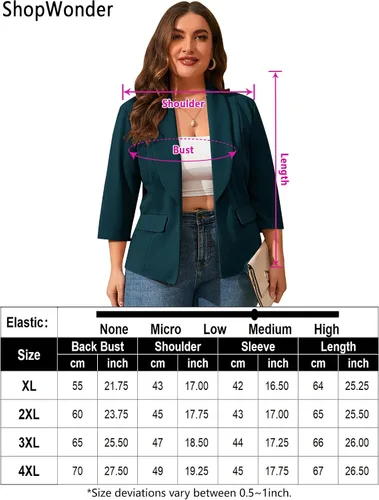 Vista 7 de ShopWonder Blazer casual con bolsillos para mujer, talla grande, para oficina, frente abierto, manga 34, cárdigans, chaqueta de trabajo