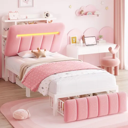 Vista 15 de Jocoevol Base de cama individual con cabecera de almacenamiento para niños, marco de cama tapizado blanco tamaño individual con cajones de Beige