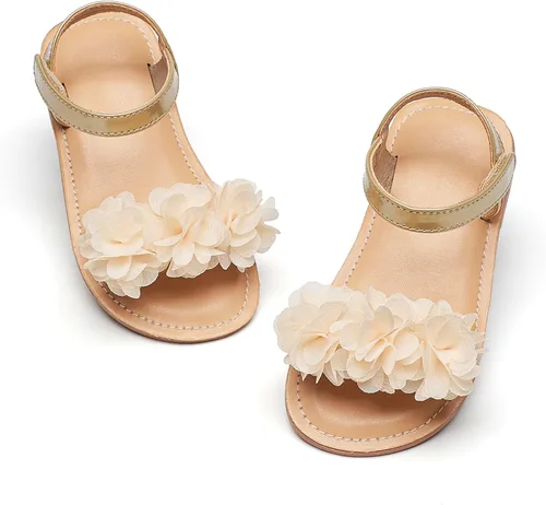 Vista 53 de Sandalias de verano para niñas con puntera abierta, sandalias planas de princesa con suela cómoda D742 Oro
