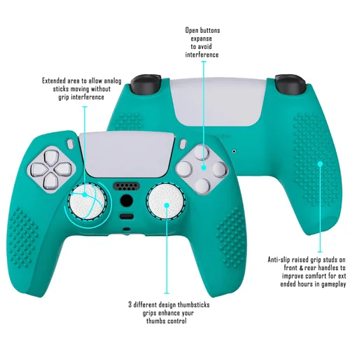 Vista 4 de eXtremeRate PlayVital Aqua Green 3D Studded Edition Anti-Slip Silicone Cover Skin for ps5 Controller, Soft Rubber Case for PS5 Wireless Controller