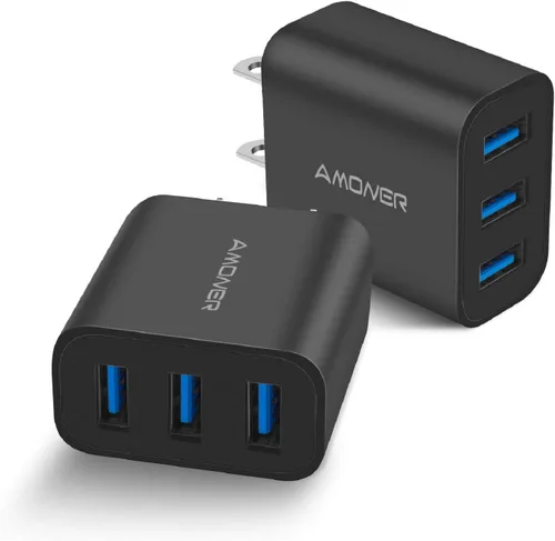 Vista 8 de Cargador de pared USB, Amoner Pack de 2 de 15W con 3 puertos USB, bloque de carga en forma de cubo para iPhone 14/13/12/11/X/XR/X/8/7/6, Galaxy