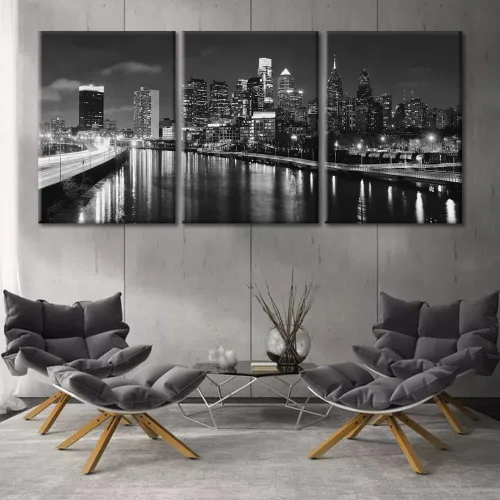 Vista 27 de TUMOVO Cuadros de la ciudad de Nueva York, arte de pared en blanco y negro, 3 paneles, rascacielos del centro de América, impresiones artísticas