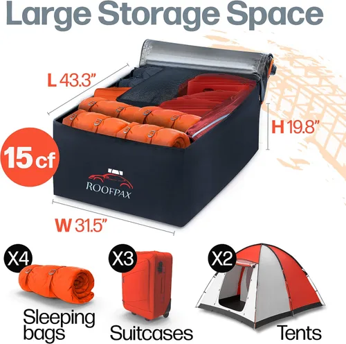 Vista 5 de RoofPax Bolsa de transporte de carga extra impermeable para techo de 15 cft, doble cremallera resistente a la intemperie, alfombrilla integrada, 10