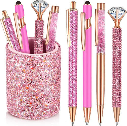Vista 13 de Sabary 8 bolígrafos negros con soporte para bolígrafo para escritorio, con purpurina, diamantes de cristal, bonito soporte para lápices, organizador