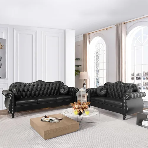 Vista 19 de AVZEAR Chesterfield - Juego de sofás seccional de 2 piezas para sala de estar, sofá tapizado en terciopelo moderno de mediados de siglo, sofá Blanco