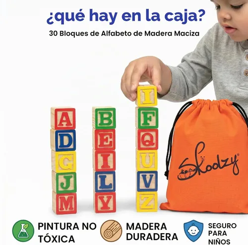 Vista 7 de 30 bloques con letras de colores de Skoolzy Juguete de construcción en madera ABC, para bebés, guarderías y preescolar Bloques de madera de lectura