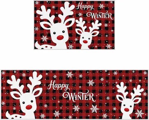Vista 9 de Libaoge Juego de 2 tapetes de cocina con texto en inglés "Merry Christmas", de Papá Noel con caramelos, antifatiga, cómodo, de espuma viscoelástica
