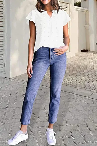 Vista 4 de ECOBURY Camisetas de manga corta para mujer, cuello en V, con ojales, estilo casual de verano