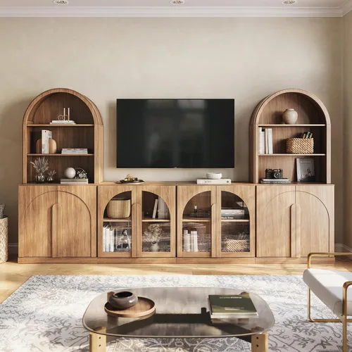 Vista 58 de BELLEZE Centro de entretenimiento modular de 4 piezas con almacenamiento, 2 vitrinas de madera moderna con gabinete arqueado y 2 armarios de puerta
