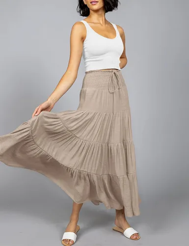 Vista 4 de HAEOF Falda larga de verano para mujer, estilo bohemio, con cintura fruncida, con volantes, escalonada, casual, para la playa, vestido por debajo