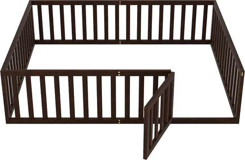 Vista 8 de Bellemave Cama de suelo de madera tamaño Queen para niños, cama Montessori con barandillas en forma de valla y puerta, para niños, niños y niñas