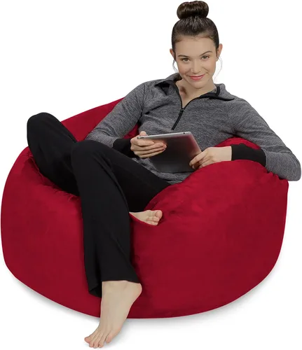 Vista 4 de Sofa Sack - Sillón puff: Puff de espuma viscoelástica de 3 pies, sofá mediano con funda de microfibra suave, color rojo cereza.