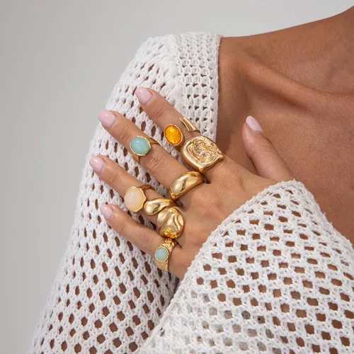 Vista 3 de Anillos gruesos para mujer, apilables, vintage, ajustables, para mujer, juego de anillos dorados con piedra llamativa, no se deslustra, joyería