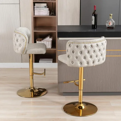 Vista 7 de Taburetes de bar tapizados de poliuretano con base dorada, taburetes de bar ajustables de 25-33 pulgadas, taburetes de mostrador con respaldo Beige
