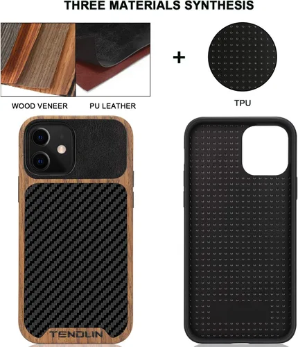 Vista 2 de TENDLIN Compatible con iPhone 12 Mini Funda de Grano de Madera con Textura de Fibra de Carbono Diseño de Cuero Híbrido Funda Negra