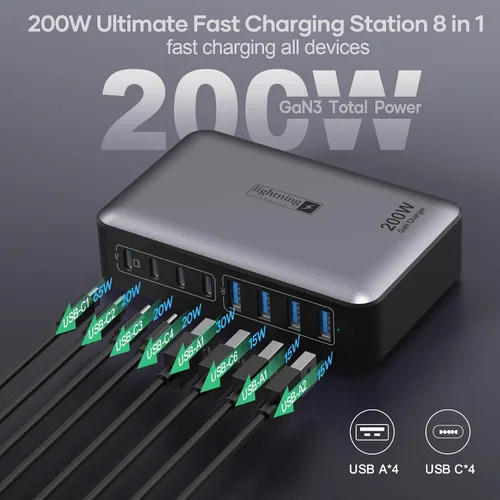 Vista 2 de Bloque de carga rápida USB C de 200 W, estación de carga de 8 puertos para iPhone/iPad/MacBook, caja de cargador 4C4A GaN, cargadores múltiples