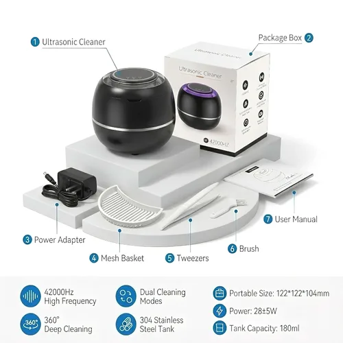 Vista 8 de Máquina limpiadora ultrasónica de retenedor, negro, 42KHZ para dentadura, cabezales de cepillo de dientes, joyas, frenos, temporizador digital con 2