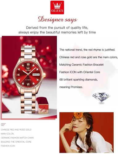 Vista 8 de OLEVS Relojes de mujer de oro rosa, correa de acero inoxidable de cerámica, reloj mecánico automático, calendario puntero luminoso impermeable